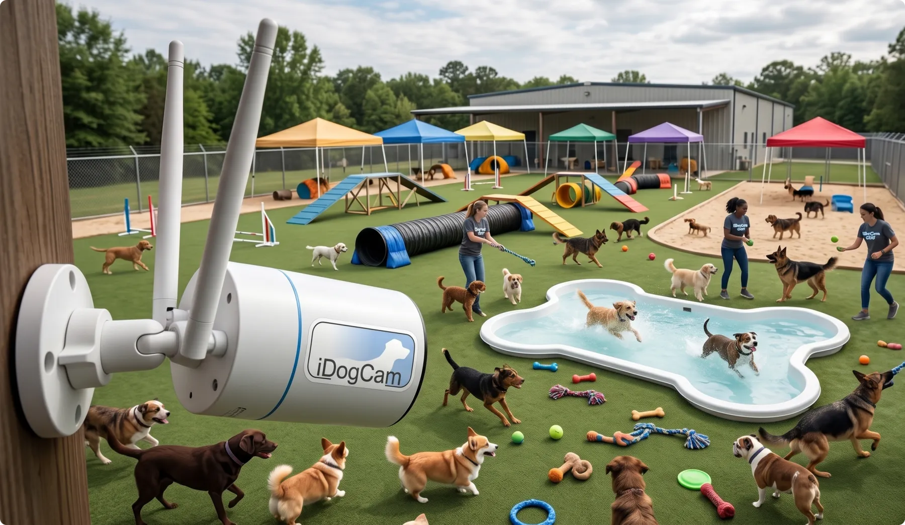 An iDogCam-monitored play yard — dogs at play with staff, watched by an iDogCam camera
